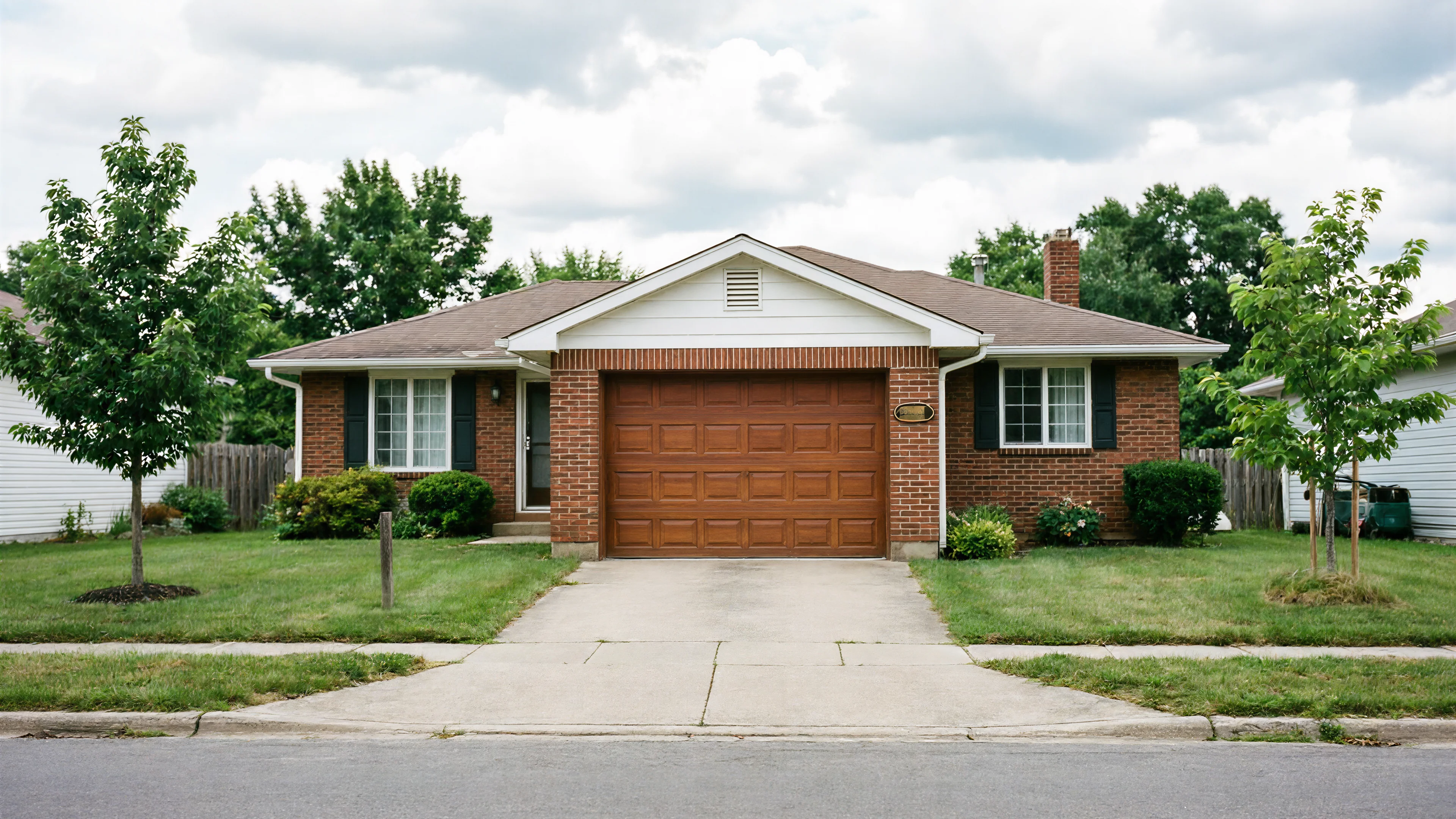 A brick house with a brown garage door and green lawn under a cloudy sky.